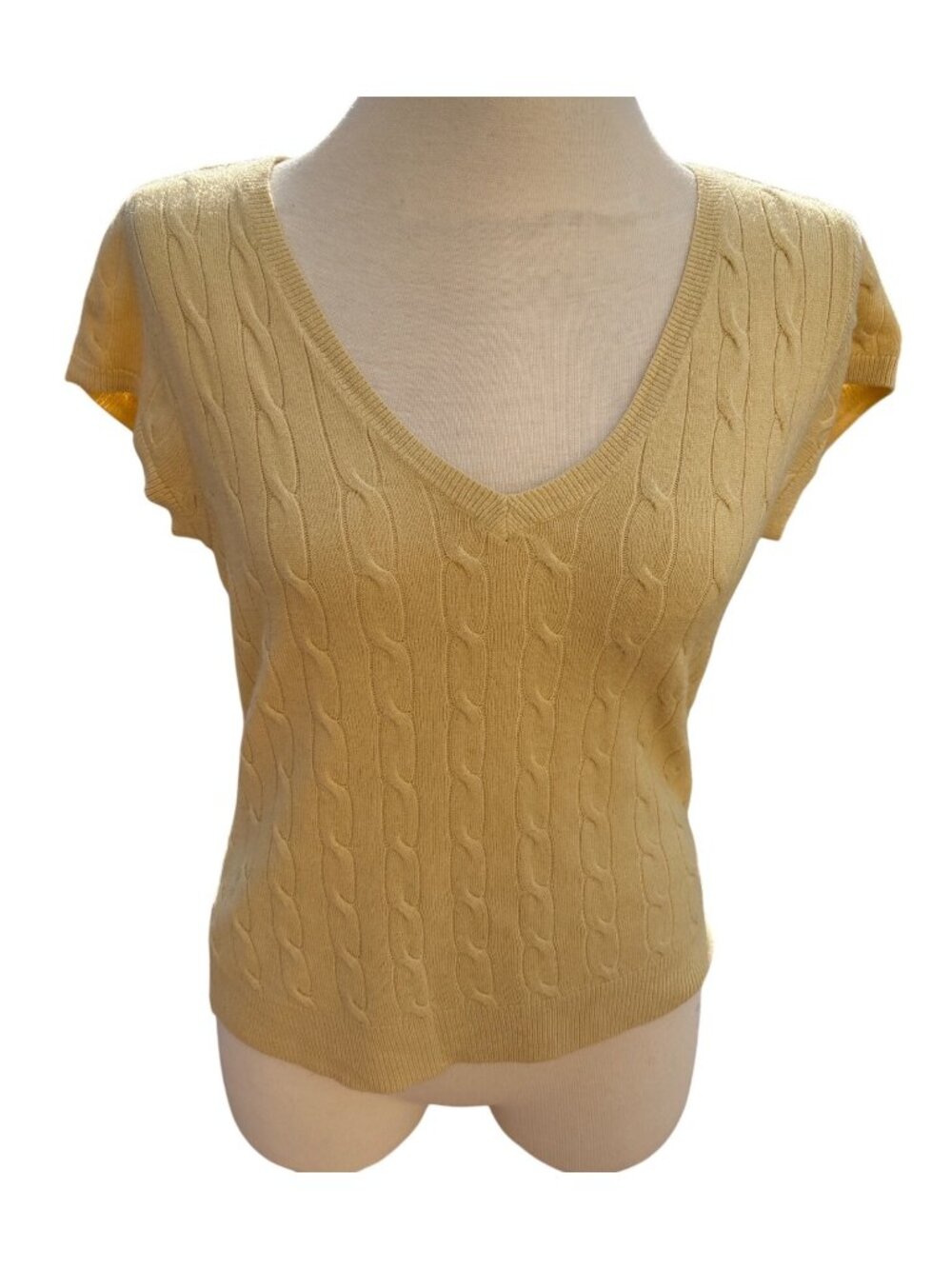 Butter Yellow Cable Knit V-Neck Short Sleeve Sweater Top Large